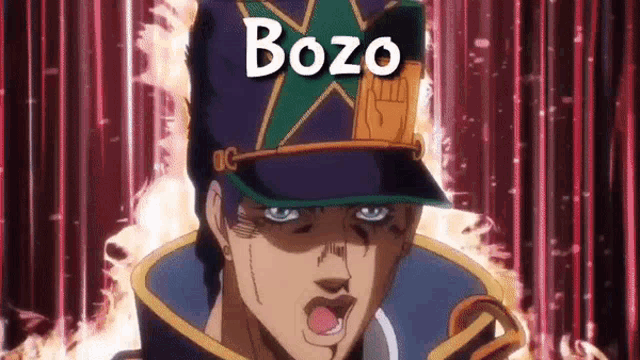 a close up of a person wearing a hat with the word bozo written on it .