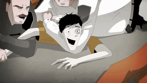 a cartoon of a man laying on the ground with a man standing behind him