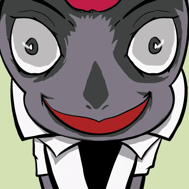 a close up of a cartoon character with green eyes and a red lip