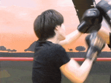 a man wearing black boxing gloves is standing in front of a wall with a sunset in the background
