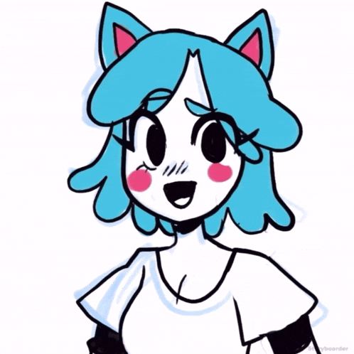 a drawing of a girl with blue hair and pink cheeks giving a peace sign
