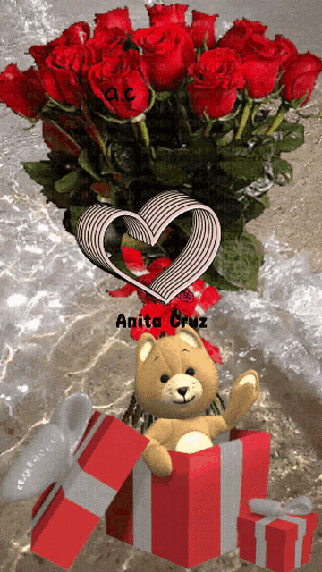 a bouquet of red roses with a teddy bear in a gift box
