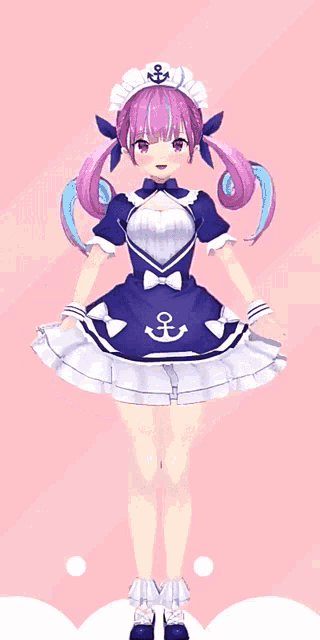 a girl with purple hair is wearing a maid dress with an anchor on it