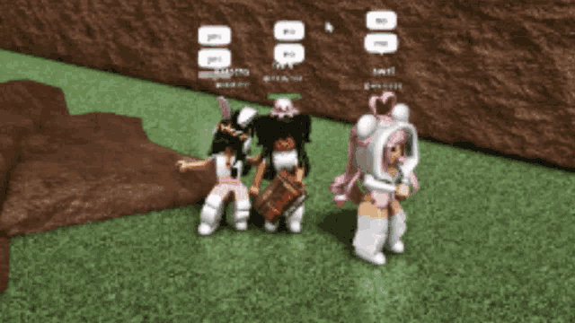 a group of girls are standing in a video game and one of them has a bunny hat on