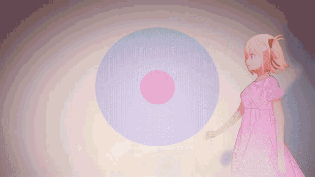 a girl in a pink dress is standing in front of a circle
