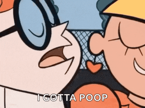a couple of cartoon characters are kissing each other and one of them is saying `` i got a poop '' .