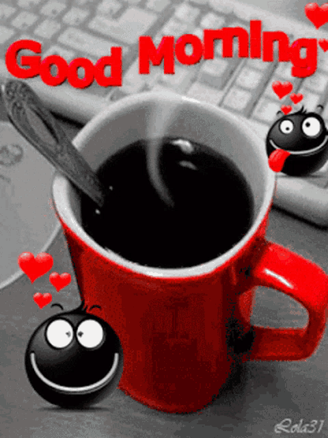 a cup of coffee with a spoon in it and the words " good morning " on the bottom