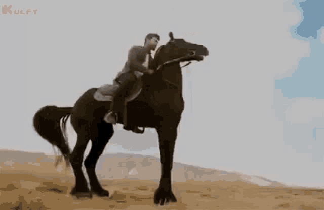 a man is riding a black horse on a dirt field .