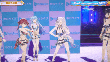 a group of anime girls are standing in front of a wall that says hololive summer 2023