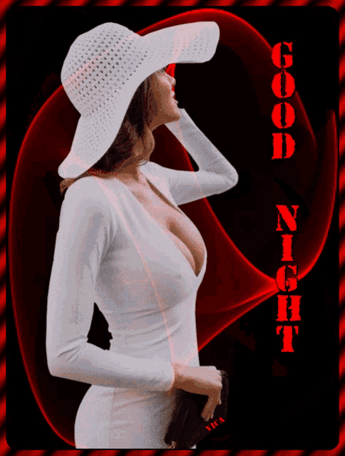 a woman wearing a white hat and a white dress is on a good night card