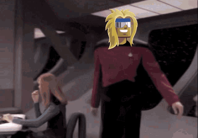 a cartoon character with long blonde hair and a blue headband is standing next to a woman