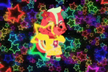 a cartoon character is surrounded by glowing neon stars