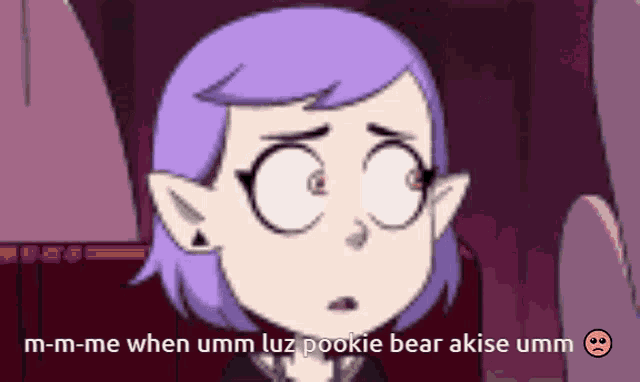 a cartoon of a girl with purple hair and a sad face is talking