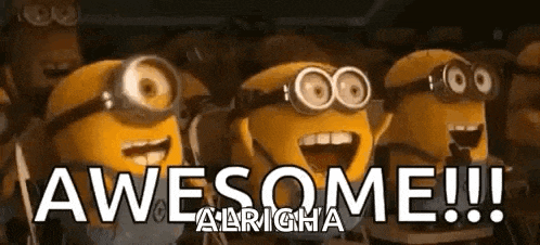 a group of minions are standing next to each other and saying `` awesome !!! '' .