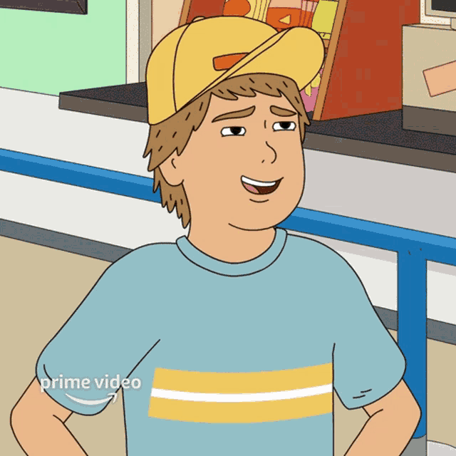a cartoon character is wearing a yellow hat and a blue shirt with an arrow pointing to the prime video logo