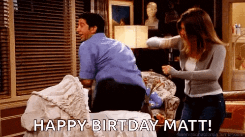 a man and a woman are dancing in a living room with the words `` happy birthday matt '' written on the screen .
