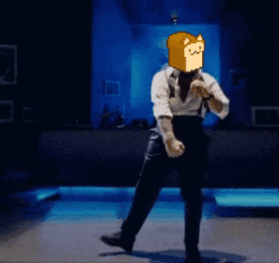 a pixel art of a man dancing with a cat on his face