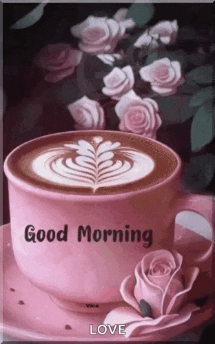 a cup of coffee on a saucer with roses and the words `` good morning love '' .