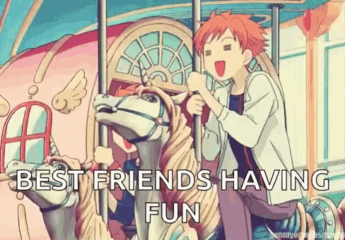 a boy is riding a merry go round with the words `` best friends having fun '' above him .