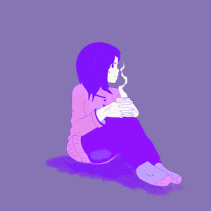 a drawing of a girl sitting on the floor holding a cup