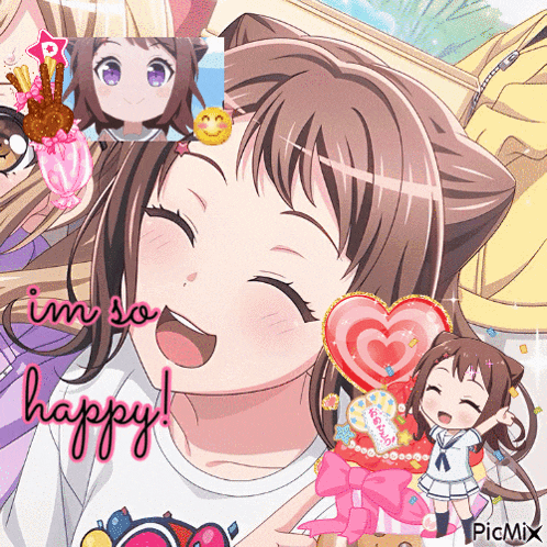 a picture of a girl with the words i 'm so happy below her