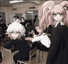 a group of anime characters are standing in a classroom .