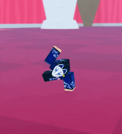 a cartoon character is standing on a pink floor in a room .