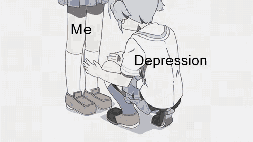 a cartoon of a girl hugging another girl 's leg with the words me depression written on the bottom .