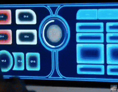 a computer monitor displays a blue screen with a circle in the middle and a few buttons