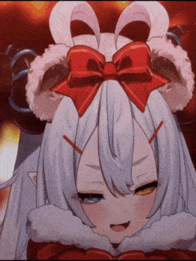a cartoon character with horns and a red bow in her hair