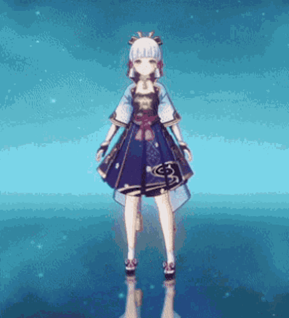 a cartoon girl in a blue dress is standing in front of a blue background .