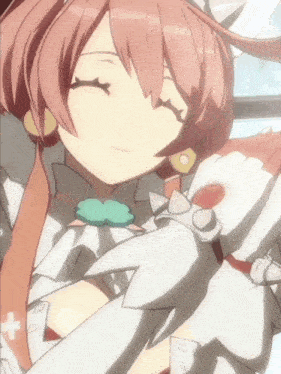 a girl with pink hair and white gloves with a cross on her chest