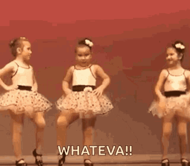 two little girls in tutus are dancing on a stage and one of them is saying whateva .