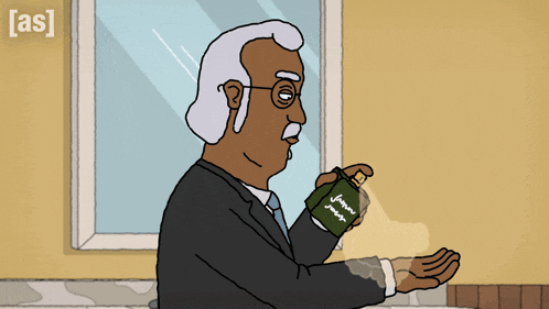 a cartoon of a man holding a bottle of perfume with the word young on it