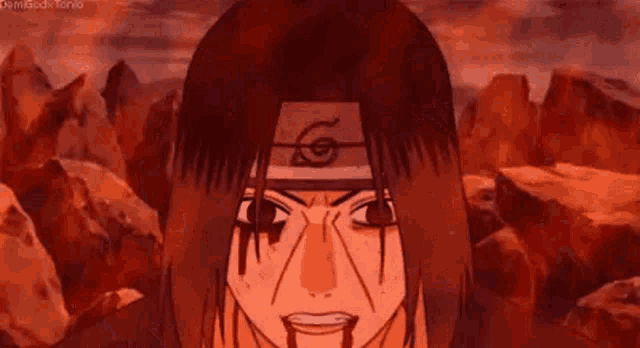 itachi uchiha from naruto is crying with blood coming out of his eyes .