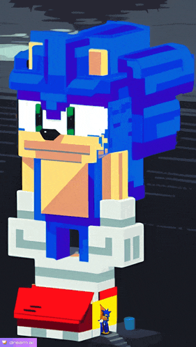 a pixel art drawing of sonic the hedgehog with a purple sticker that says ' cartoon ' on it