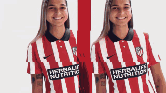 a woman wearing a red and white striped shirt that says herbalife nutrition on it