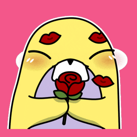 a yellow cartoon character with red lips and a red rose in its mouth