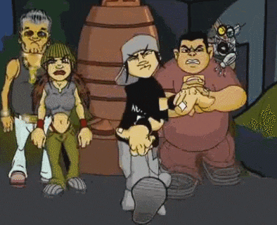 a group of cartoon characters are standing next to each other and one of them is wearing a black shirt that says n.y.