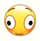 a yellow smiley face with big eyes and a surprised look on its face on a white background .