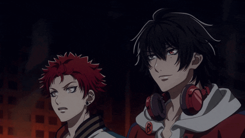 two anime characters are standing next to each other and one has a letter b on his shirt