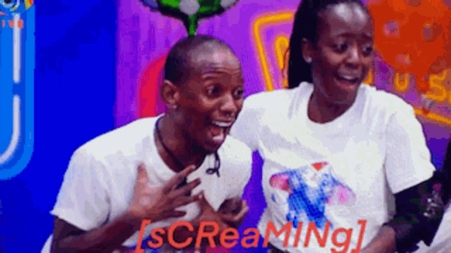 a man and a woman are screaming in front of a purple background