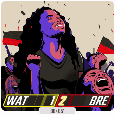 a cartoon of a woman holding a flag with wat 1/2 bre 90 + 05 written below her