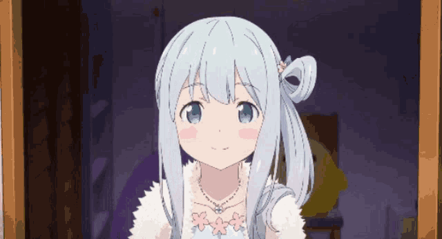 a girl with white hair and blue eyes is wearing a fur coat and necklace .
