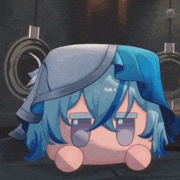 a cartoon character with blue hair and a blue hat