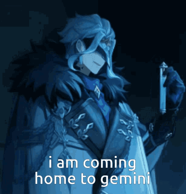 a man holding a bottle with the words i am coming home to gemini on the bottom