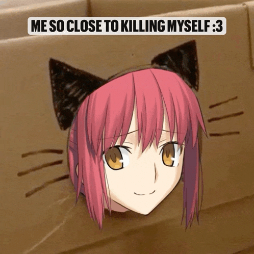 a picture of a girl with cat ears and the caption " me so close to killing myself 3 "