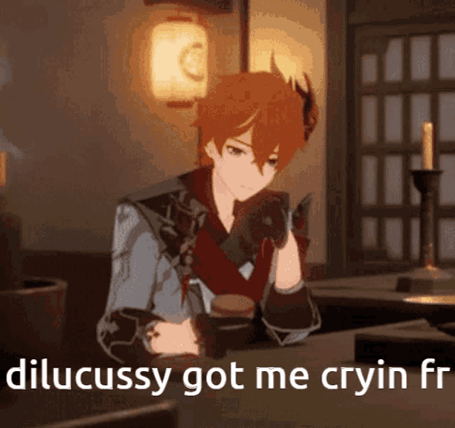 a cartoon character with the words dilucussy got me cryin fr written below him