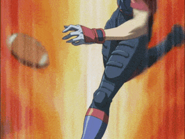 a cartoon character kicking a football with a red background