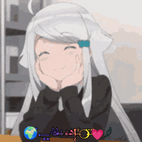 a girl with white hair is smiling with a globe and a heart behind her
